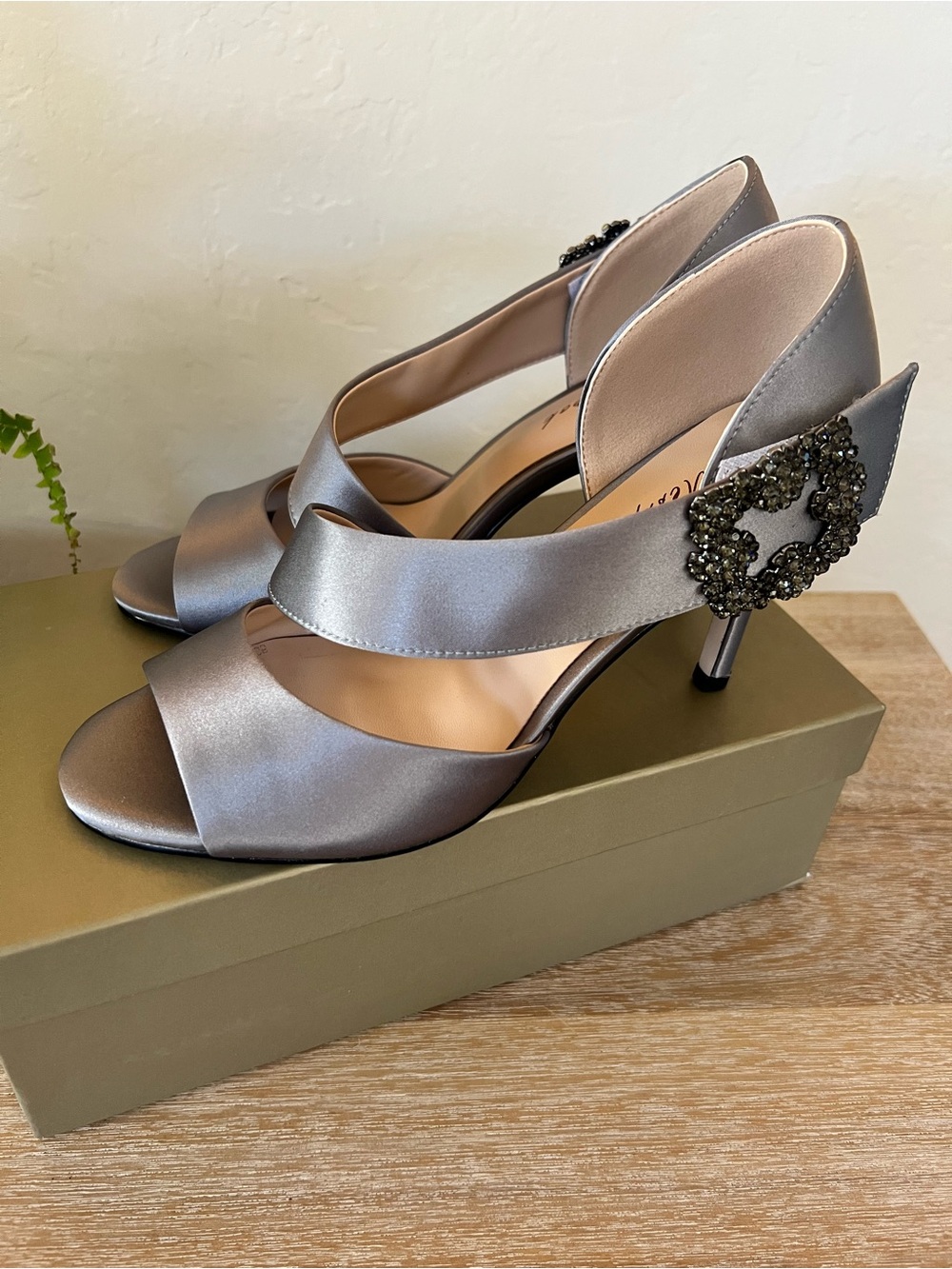 Satin Open-Toe Heels with Jeweled Buckle - Silver
